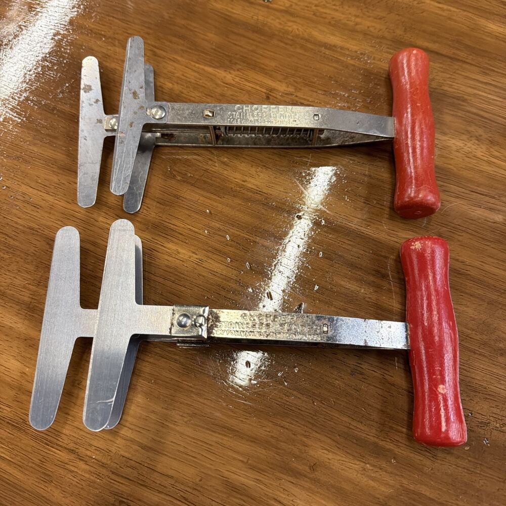 2 Vintage Foley Spring Loaded 3-Blade Food Chopper Red Wood Handle USA